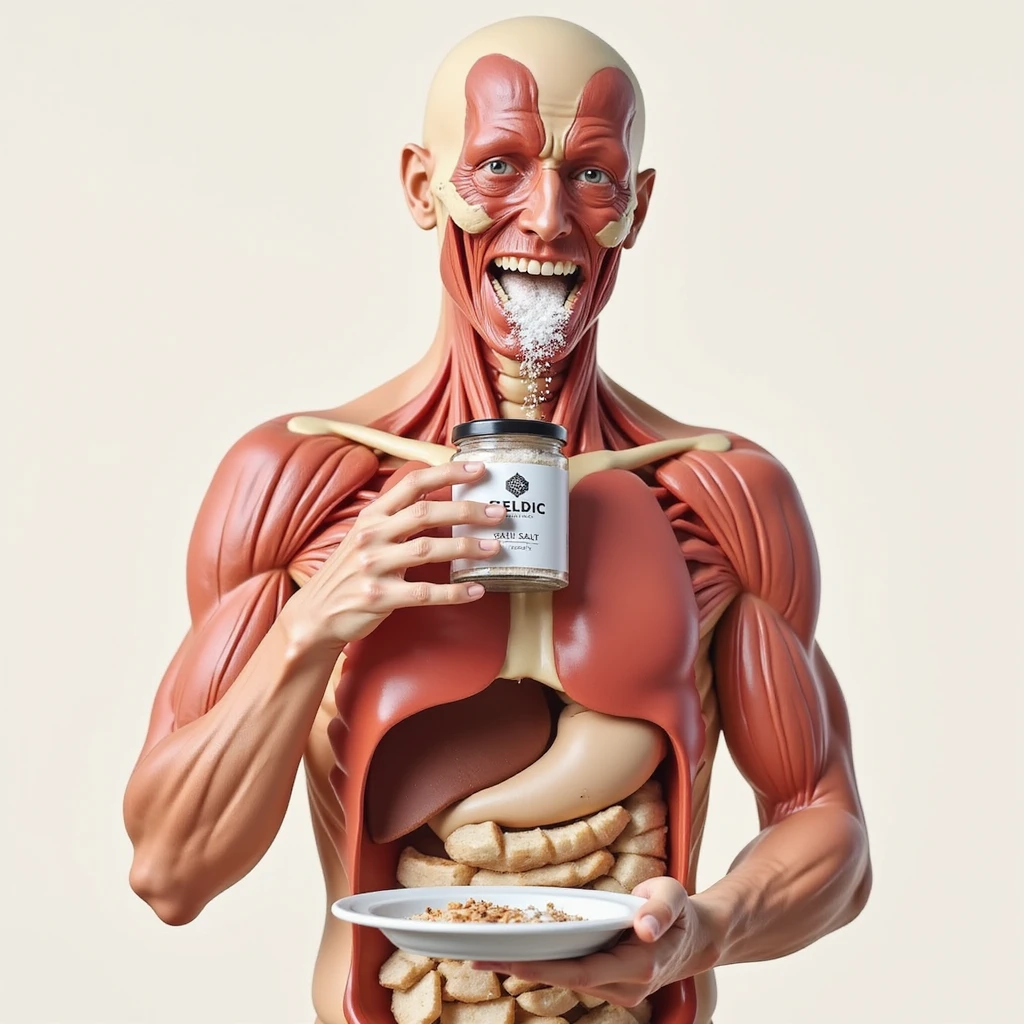 anatomically correct, hyperrealistic 4K image of a human body eating Celtic salt from a clearly labeled jar during breakfast, neutral clear background, medical illustration style emoji