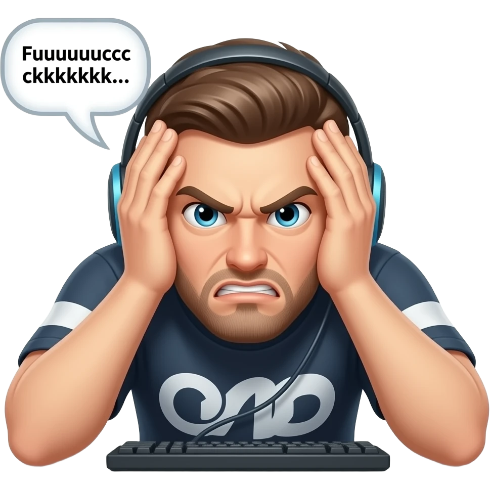 “Fuuuuuccccckkkkkk….” speech bubble with angry gamer man light skin head in hands elbow on desk emoji