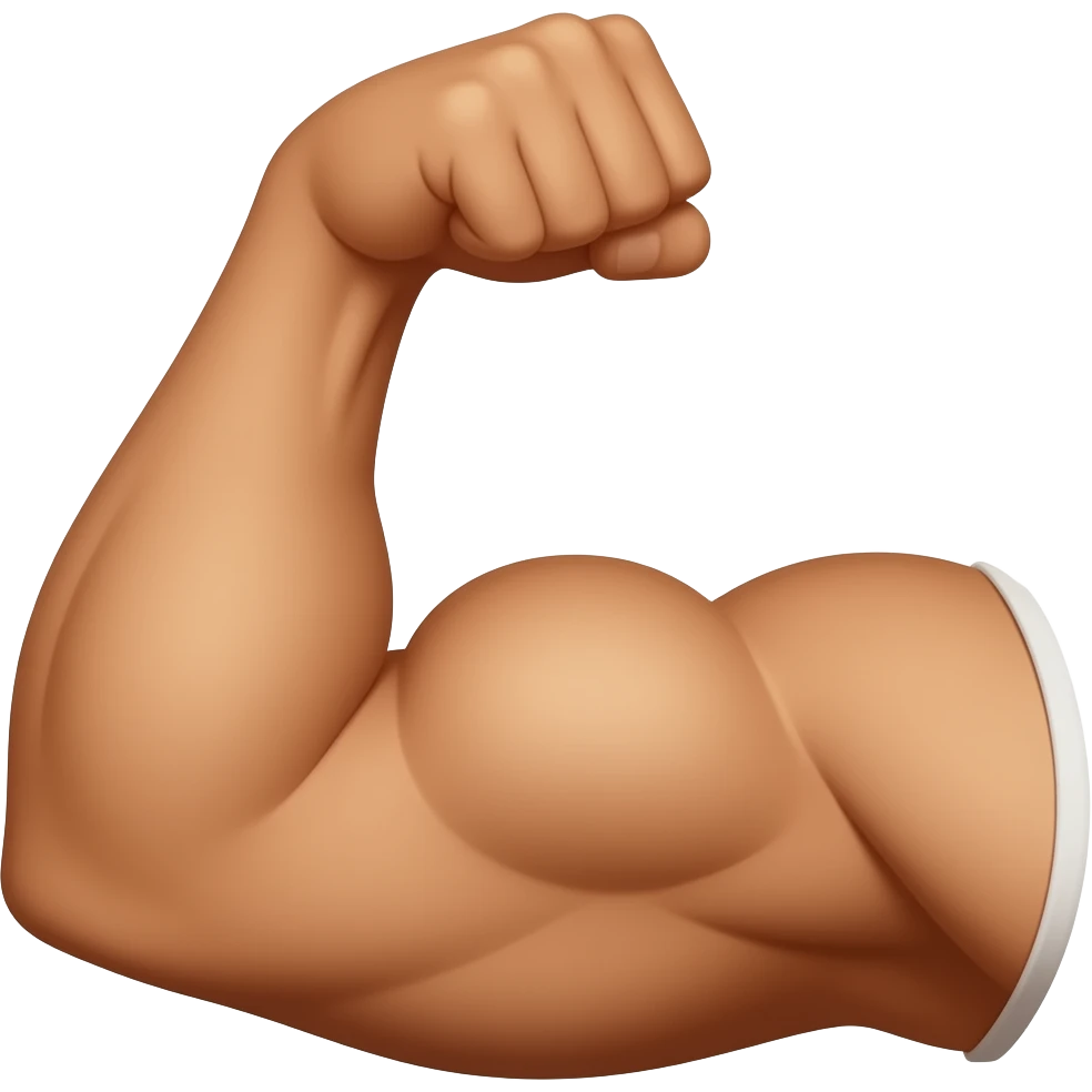Emoji-style flexed bicep arm with medium tan (trigueña) skin tone, strong but friendly look, smooth rounded shapes, soft shading, bright colors, minimalist design, centered composition, no background. emoji