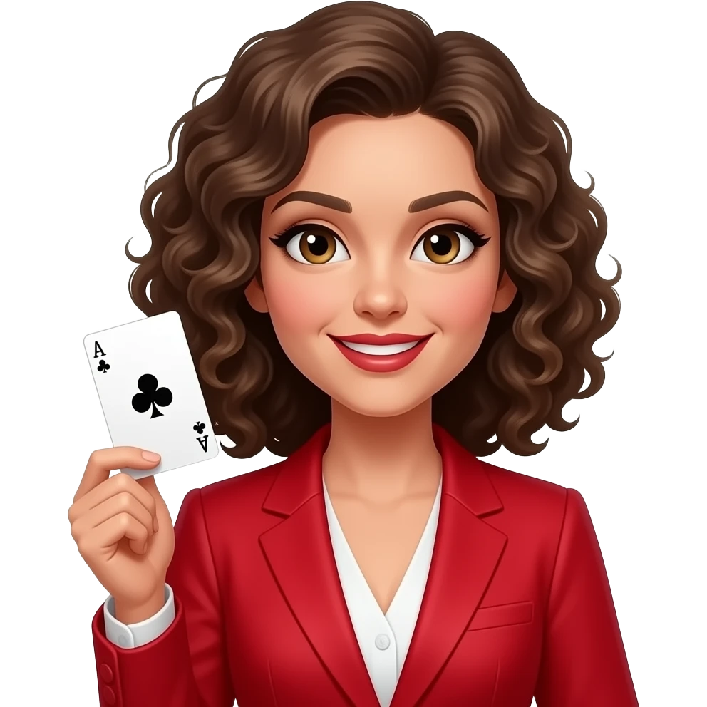 curly hair women red suit with card emoji