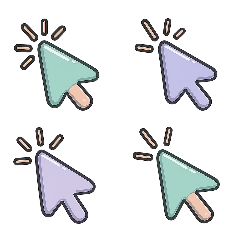 mouse cursor in icon-color-outlined style with shadows and highlights, thin clean contours, soft rounded shapes, pastel palette #98B5BC, #B5B3C1, #C9A3C9, #E4C0CA, #F7DCD1, #F7C0AA, modern Japanese pop art and sticker aesthetic, soft lighting, transparent background, cursor appearing to click with flash effect, multiple pose and angle variations emoji