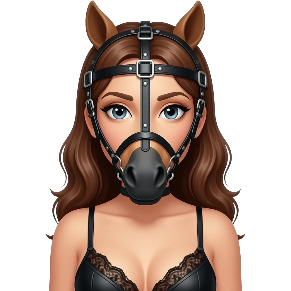 Women in bdsm Dessous. leather pony Harness on her head with Horse Bridle in the mouth emoji