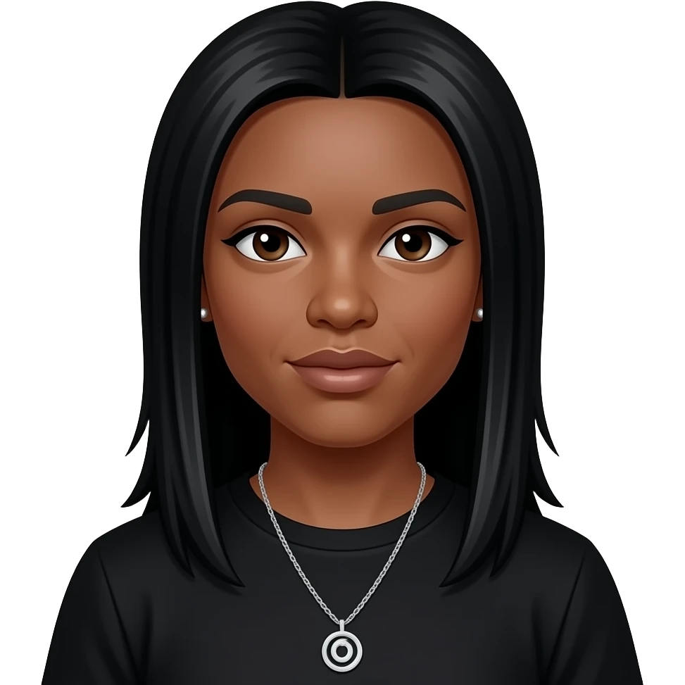 Ray Ray from Mindless Behavior with dark skin, dark brown eyes, long black straight hair, black t-shirt, necklace and earrings emoji