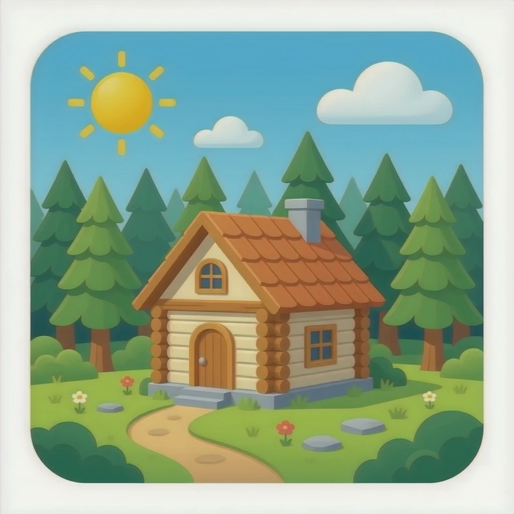 Azme una casa en madio del bosque, haz que tenga un estilo rustico y pequeña emoji