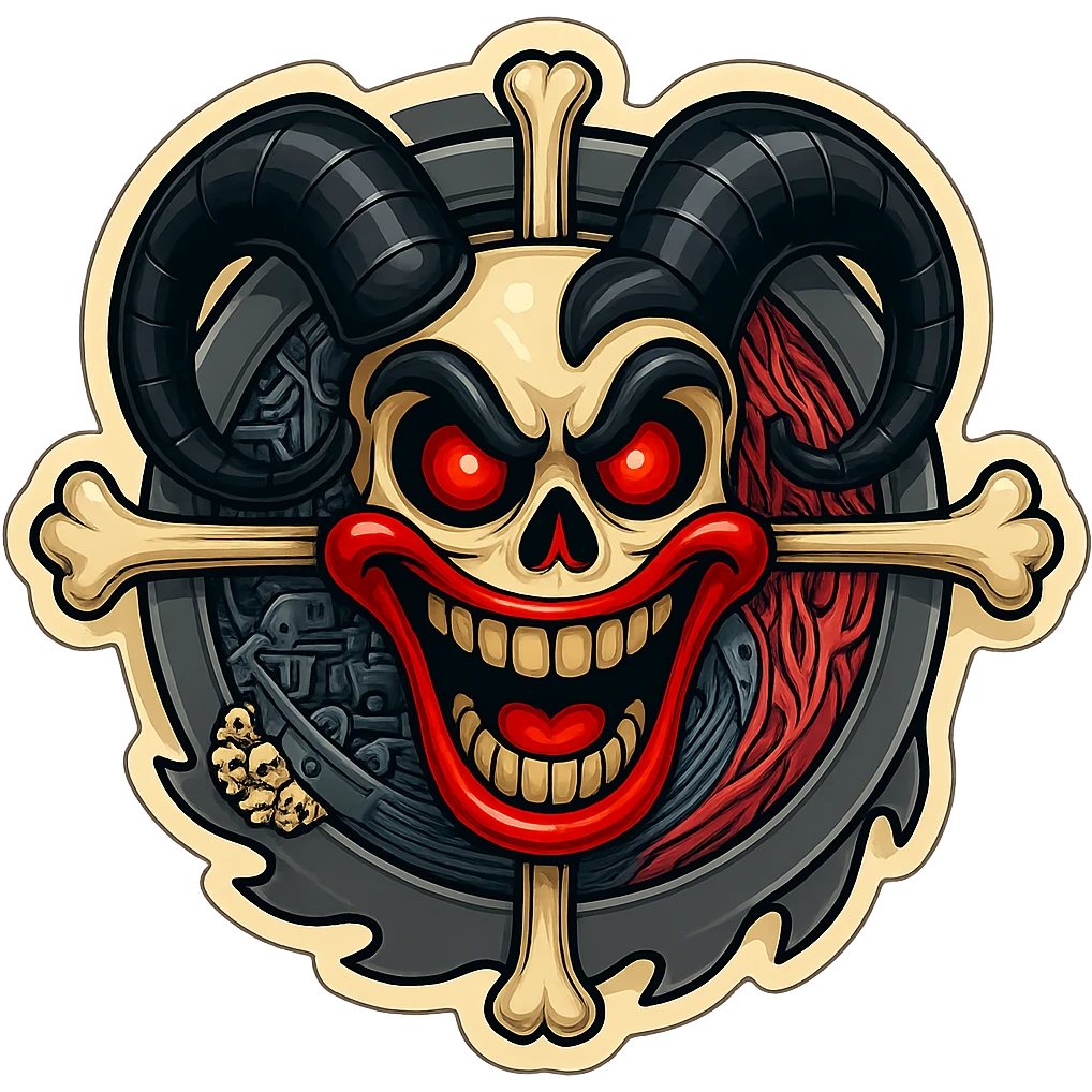 Transform the skull in the mechanical skull and crossbones sticker to have evil clown skull features: glowing red eyes, exaggerated grinning mouth with red lips, and black ram horns. Use retro sticker style with bold outlines and vibrant colors. emoji