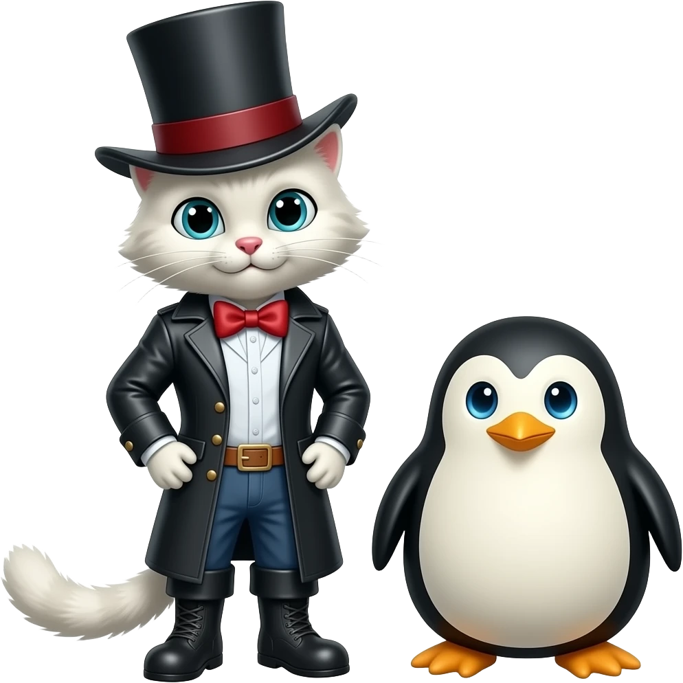 Please make a white-furred version of Puss in Boots and a penguin-shaped potato next to it. emoji