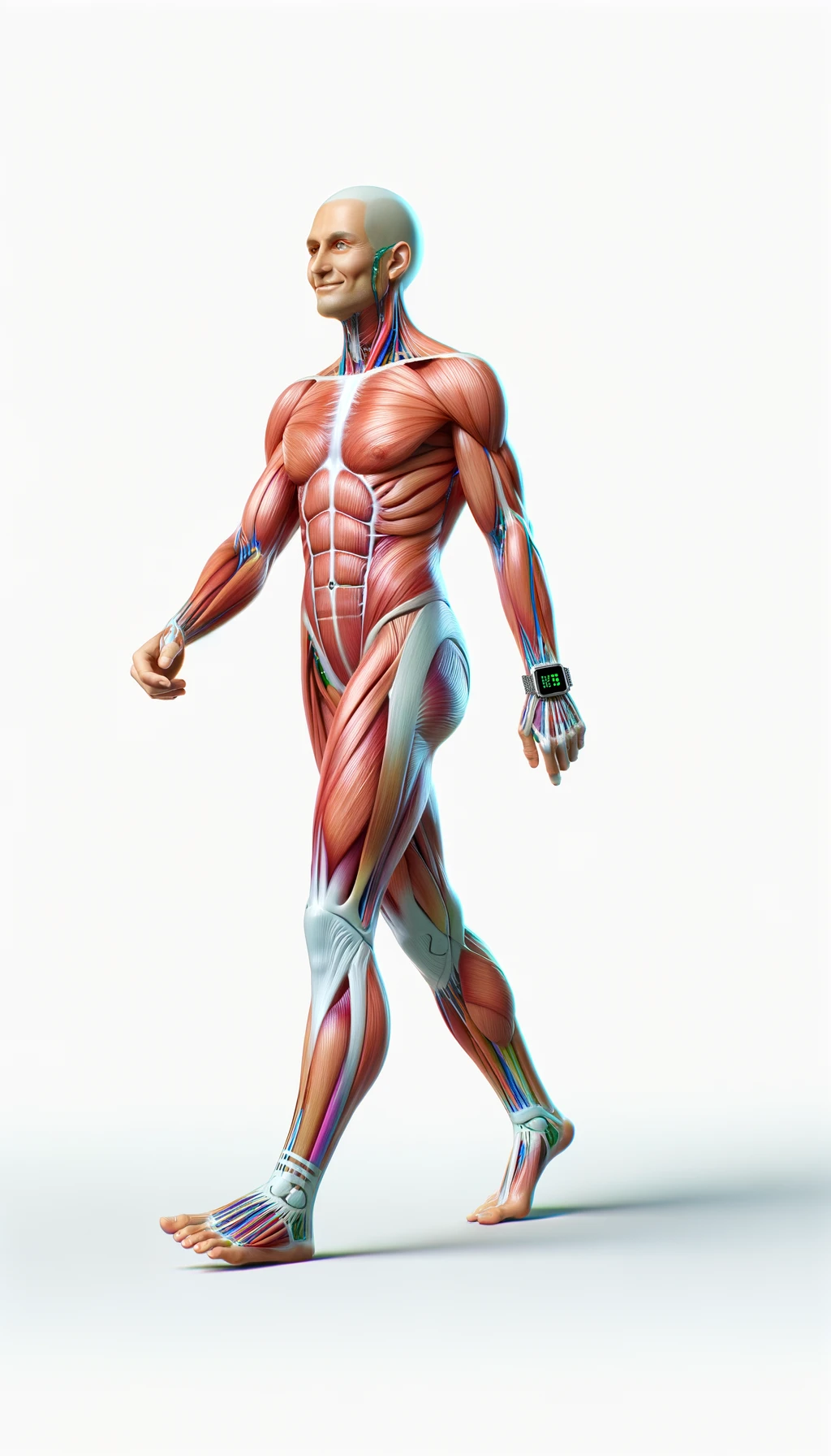 corpo umano anatomico sereno e felice che cammina mentre osserva il suo orologio contapassi, colori realistici del corpo, espressione soddisfatta, iperrealistica 4k, isolato su sfondo bianco emoji
