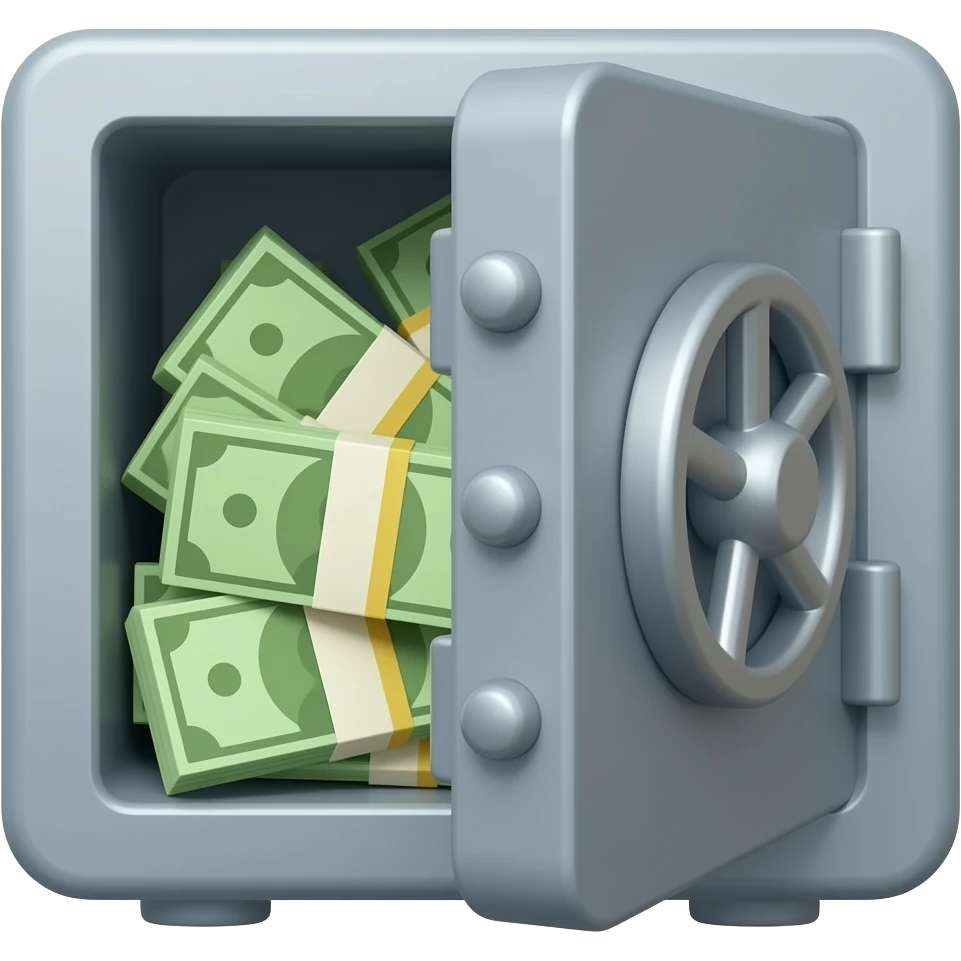 A safe is open and filled with banknotes, facing an extremely simplified, flat front without any shading. emoji