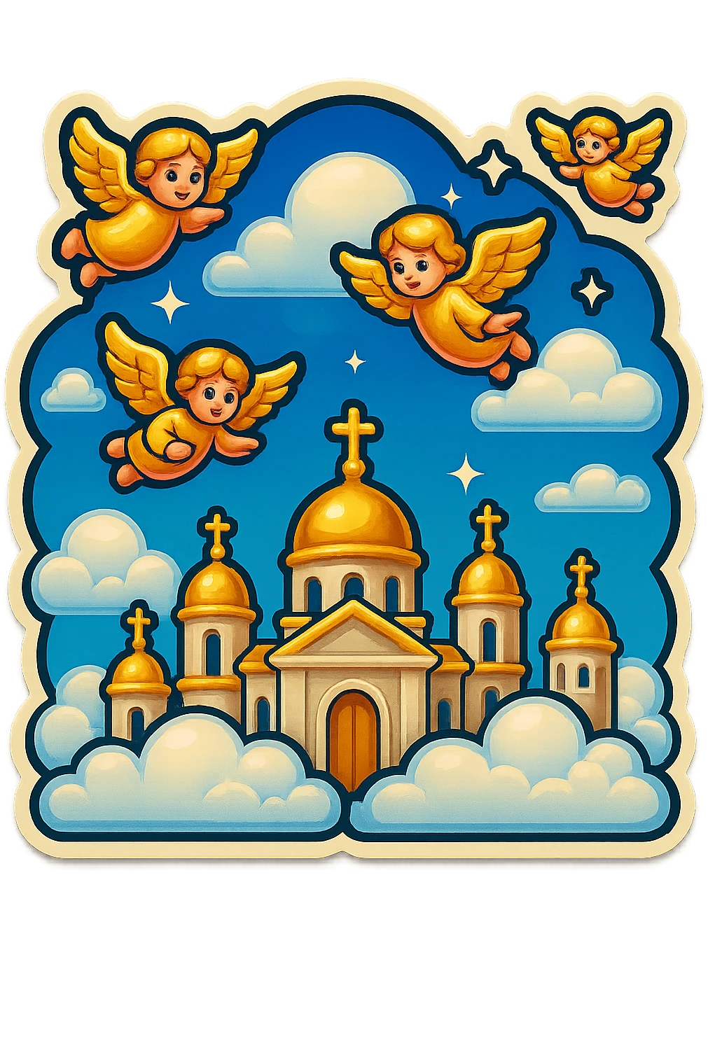 Remake the angels to be more detailed, complete, and clearly recognizable as angels, while keeping the golden cities and clouds in the sky, in a retro stickers emoji style. emoji