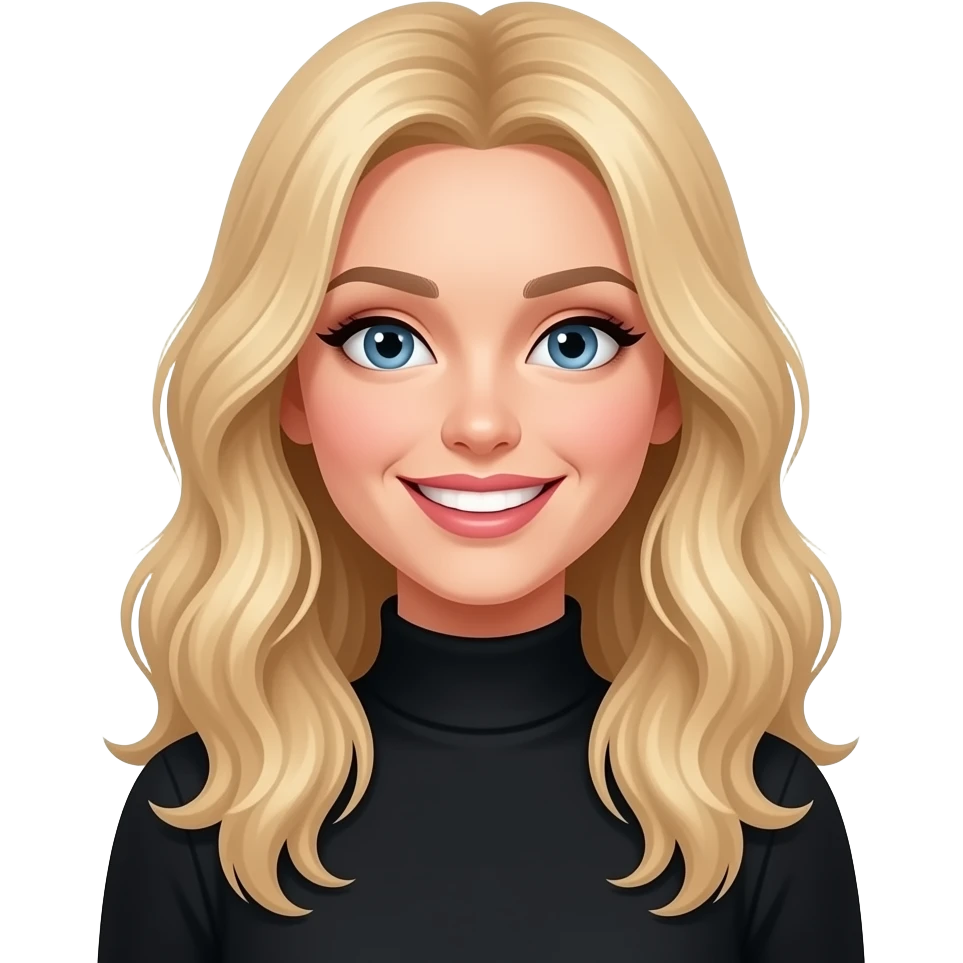 LF - slim, blonde long wavy hair, make up, black turtle neck top, slim, big smile emoji