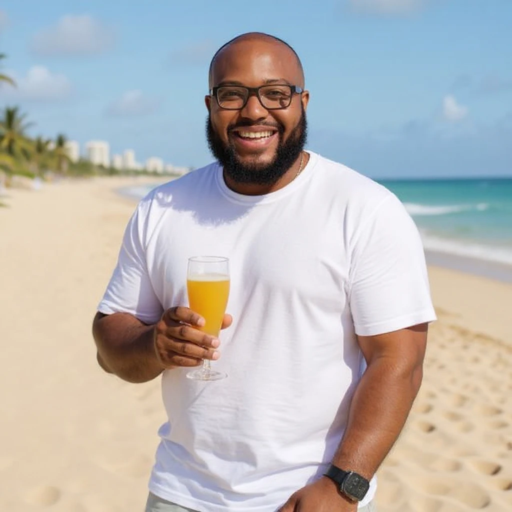 take this picture of a man and make it  beach photo with drink emoji