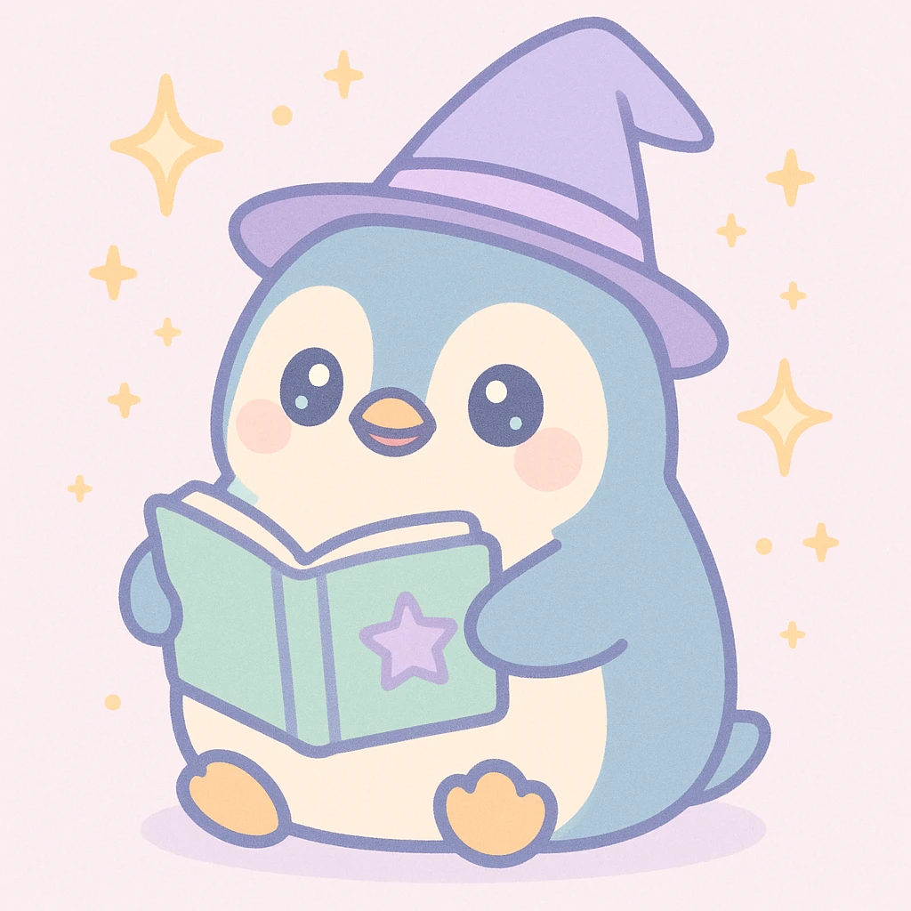 a chubby penguin with a wizard hat, magical sparkles around, and a book of spells emoji