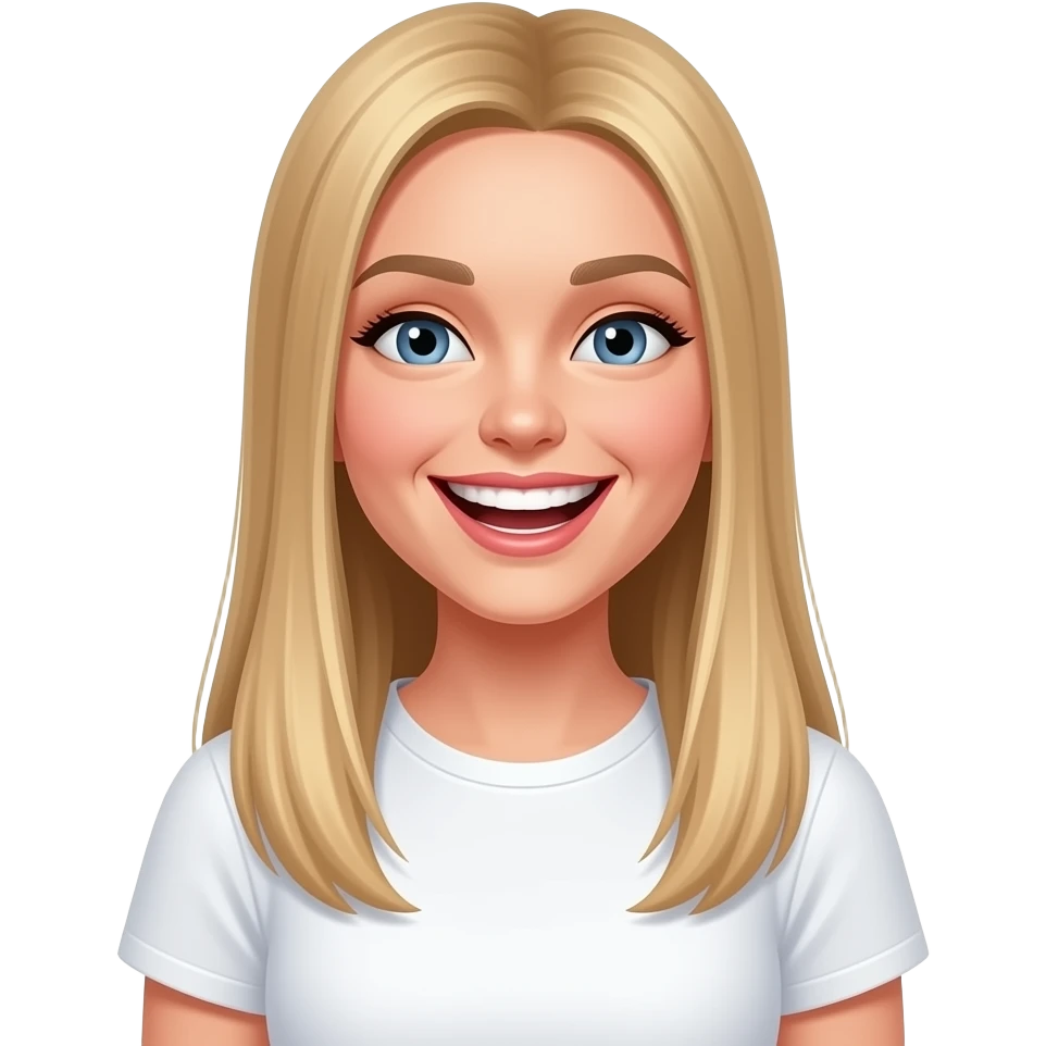 bella ragazza russa bionda capelli lisci lunghi e occhi chiari, con maglietta bianca. ride a crepapelle emoji