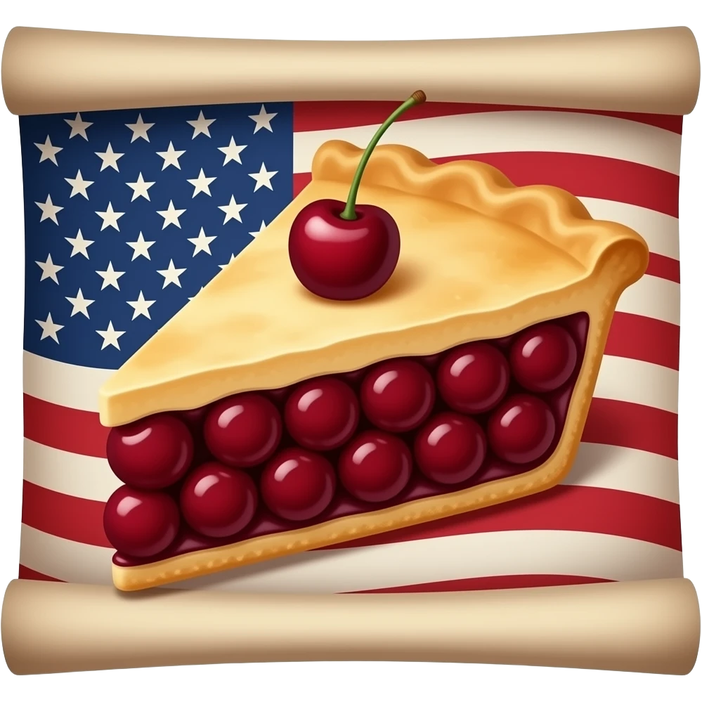 a slice of cherry pie resting on a rolled up old American flag emoji