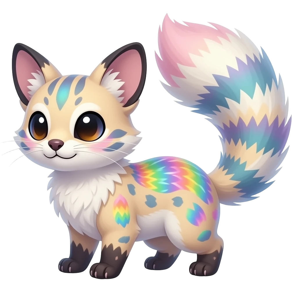 Realistic cute adorable pastel-iridescence-gradients albino fur with random colorful iridescent rainbow markings beautiful elegant pretty precious cute Fakémon-Pokémon-opossum-feline-serval-caracal-chinchilla-Minccino-hybrid-creature with a big fluffy bushy striped tail (full body) emoji