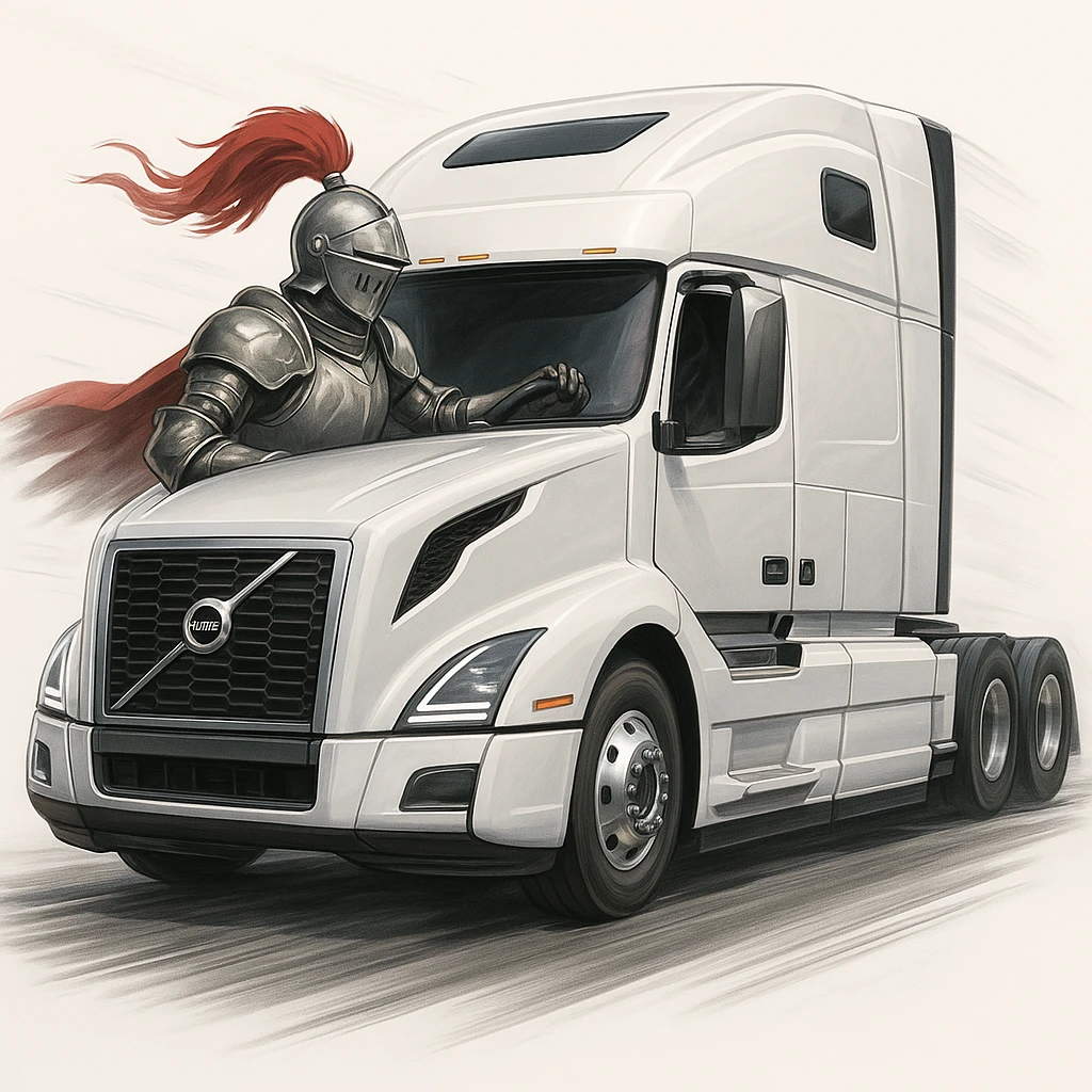 a knight driving a white 2022 Volvo semi sleeper truck, dynamic, modern, clean background emoji