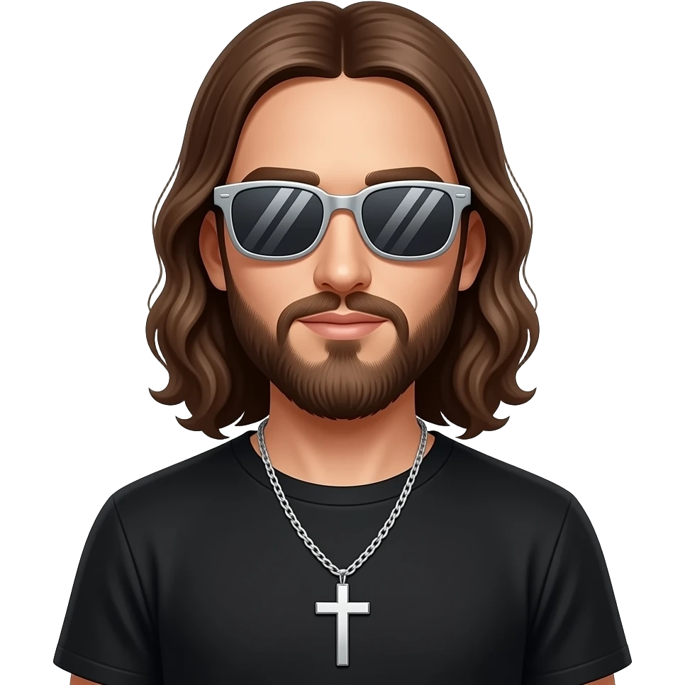 An emoji of Jesus wearing silver Yeezy sunglasses and a black T-shirt with a cross around his neck emoji