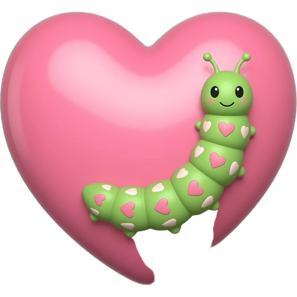 Black background Smaller Adorable green itty bitty tiny little catipillar with tiny hearts on each body sectioncrawling up the side of a big muted pink colored heart emoji