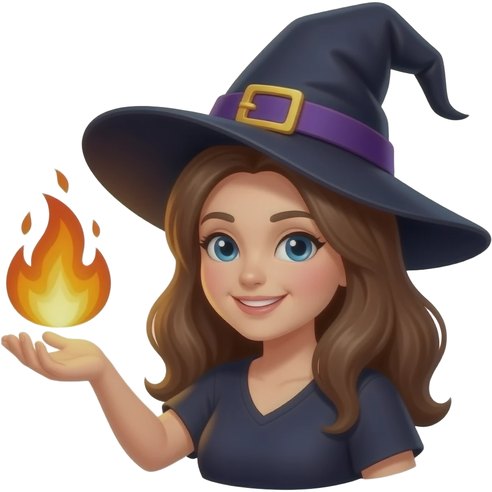 hechicera lanzando fuego, cabello café emoji