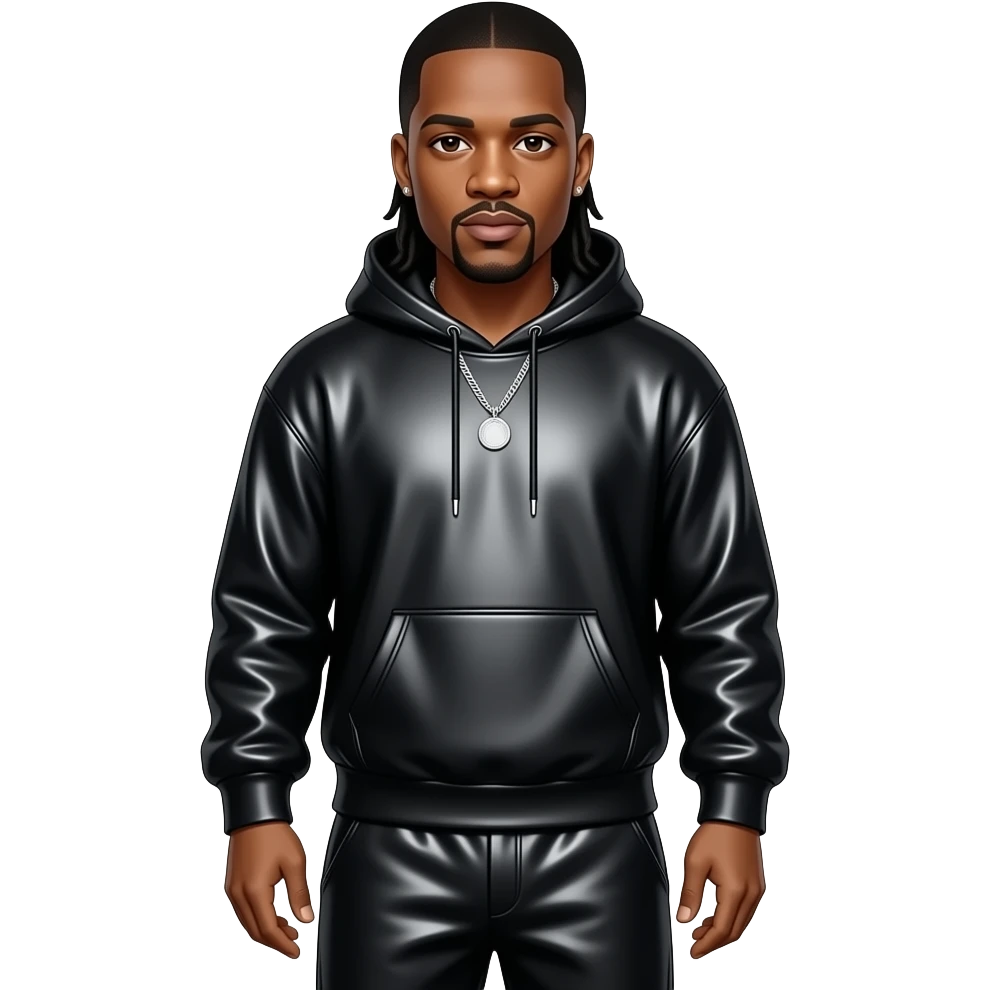 Jay-Z with dark brown eyes, long black hair, black metallic sweatshirt, black metallic baggy pants, silver necklace emoji
