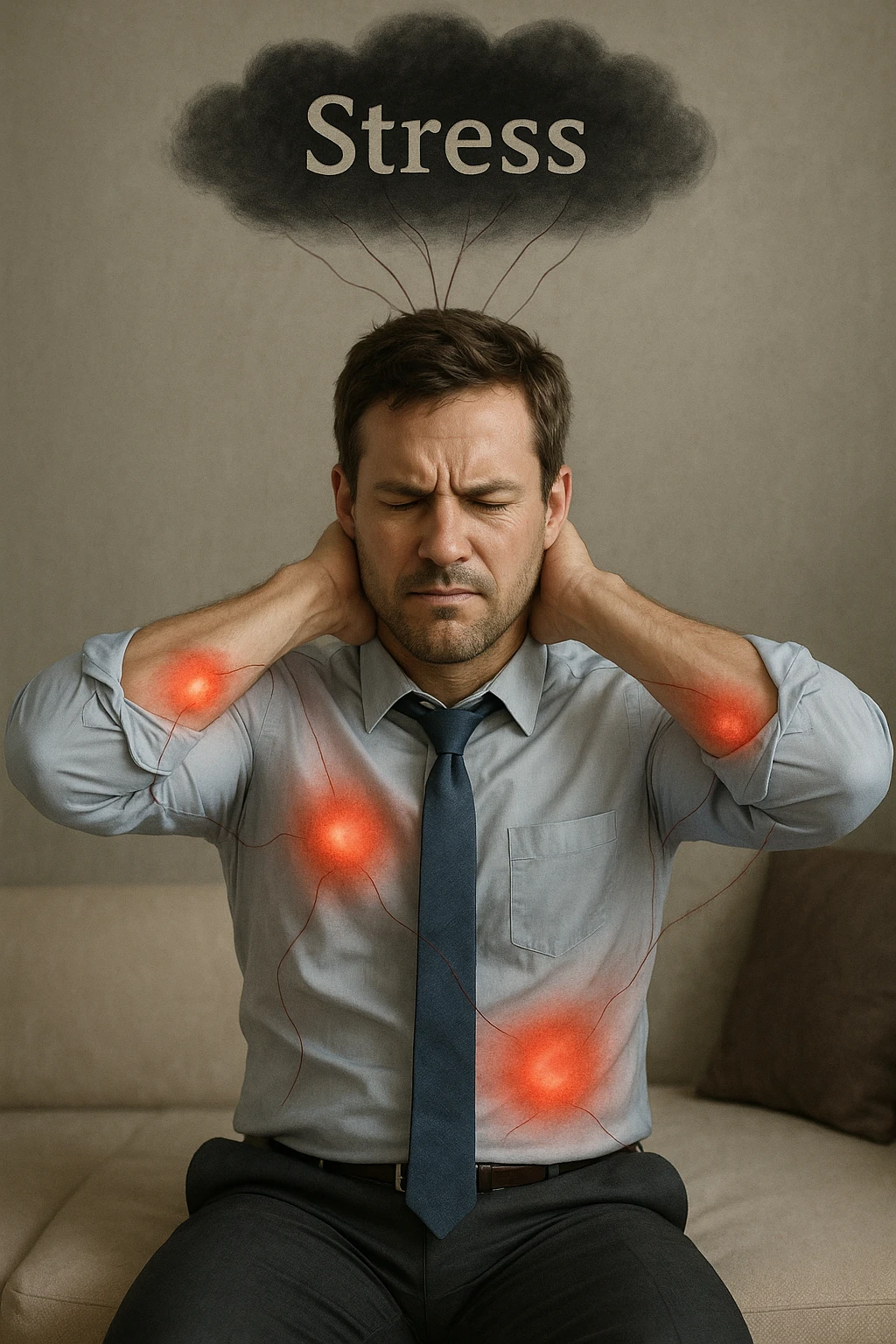 Uomo tra i 30 e i 40 anni in abiti da ufficio, seduto su una sedia o sul letto, con mani sul collo o sulla testa, visibilmente stressato. Attorno al corpo si vedono aree evidenziate di dolore (spalle, stomaco, schiena) rappresentate da leggere sfumature rosse o pulsanti. Sopra la sua testa, una nuvola scura con la parola 'Stress' scritta dentro, collegata al corpo con fili o nervi tesi. L'espressione dell’uomo è di frustrazione ma anche convinzione: crede che sia solo lo stress. Stile realistico con accenti simbolici psicofisici emoji