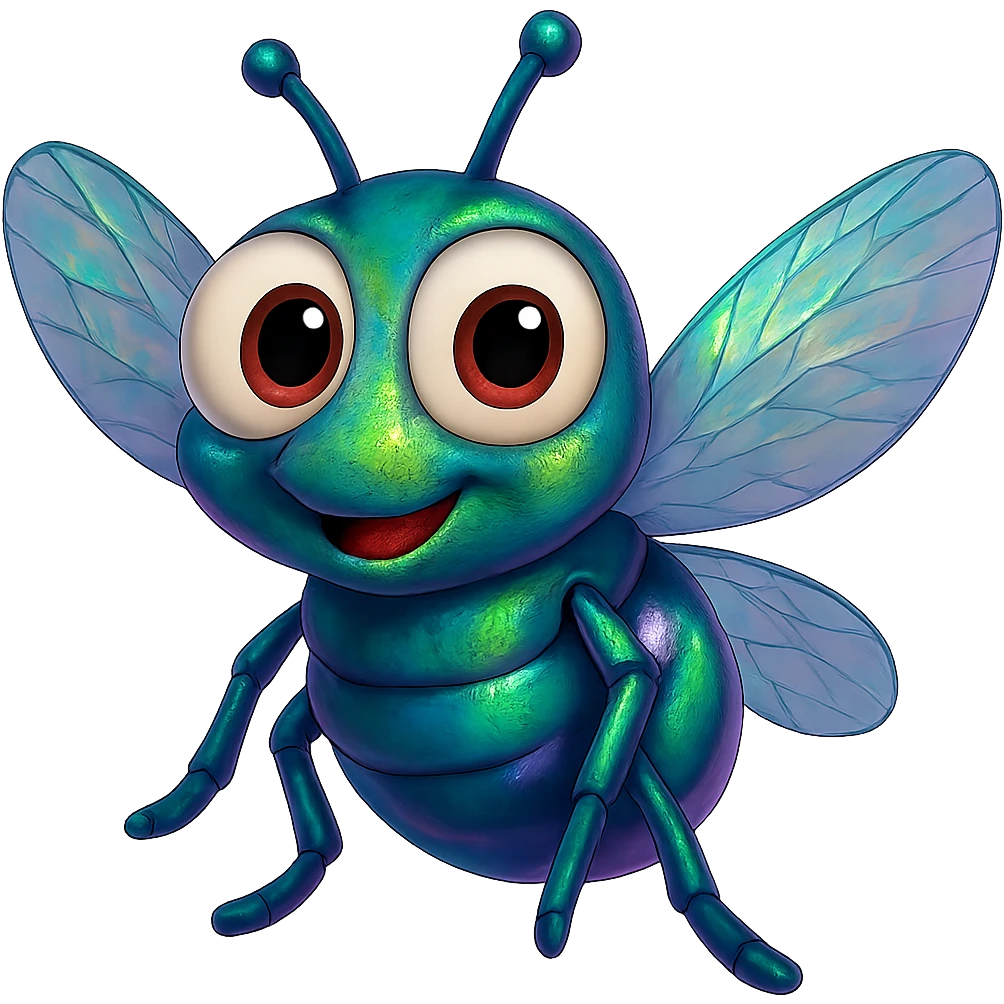 can you change its colors to look more like a real fly but leave it colorful, just add some Iridescent like on a real fly. leave the eyeballs white. trasparent background emoji