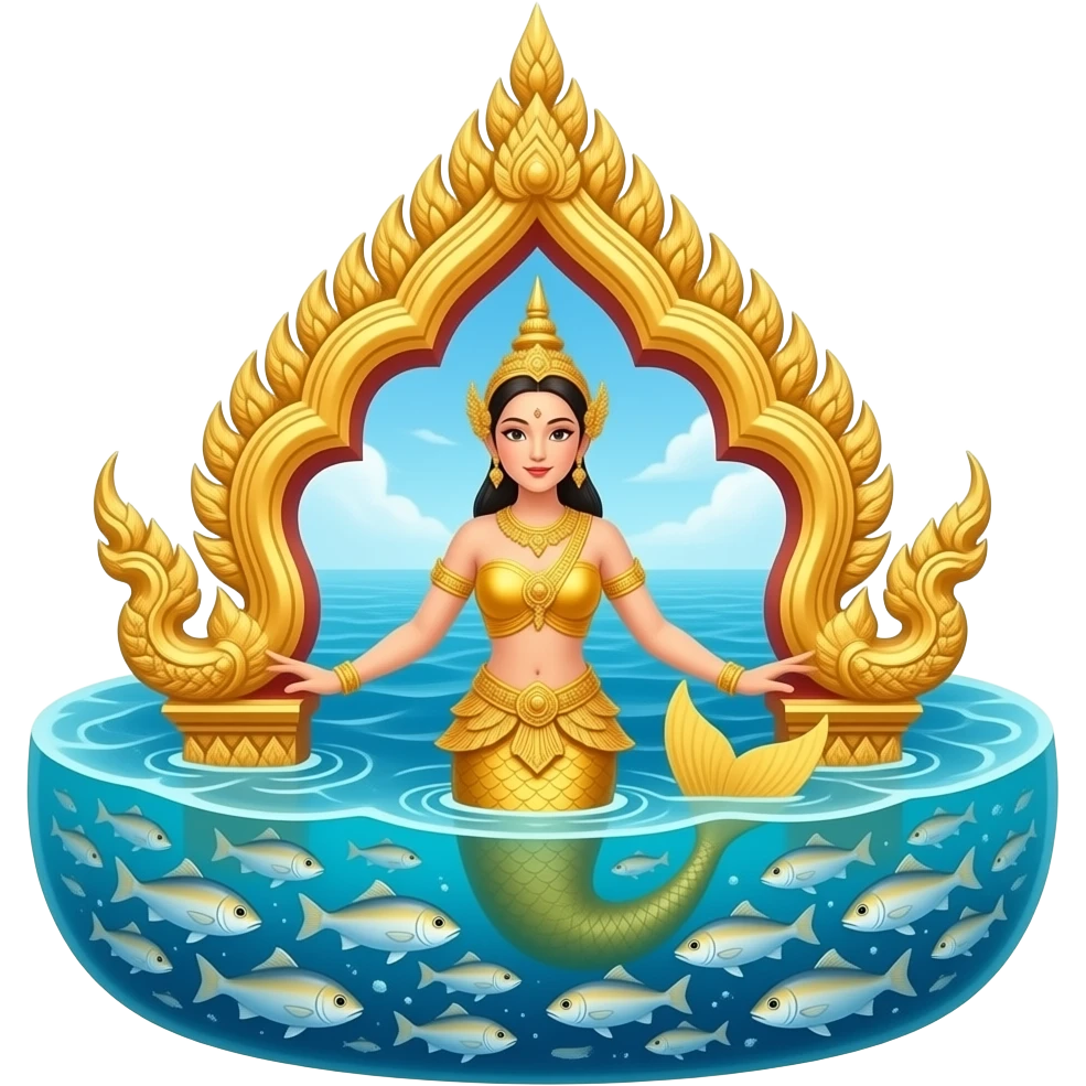Suvannamaccha, the beautiful golden mermaid, leading a shoal of fish, creating a barrier, intricate traditional Thai ornaments, ocean background, card game style. emoji