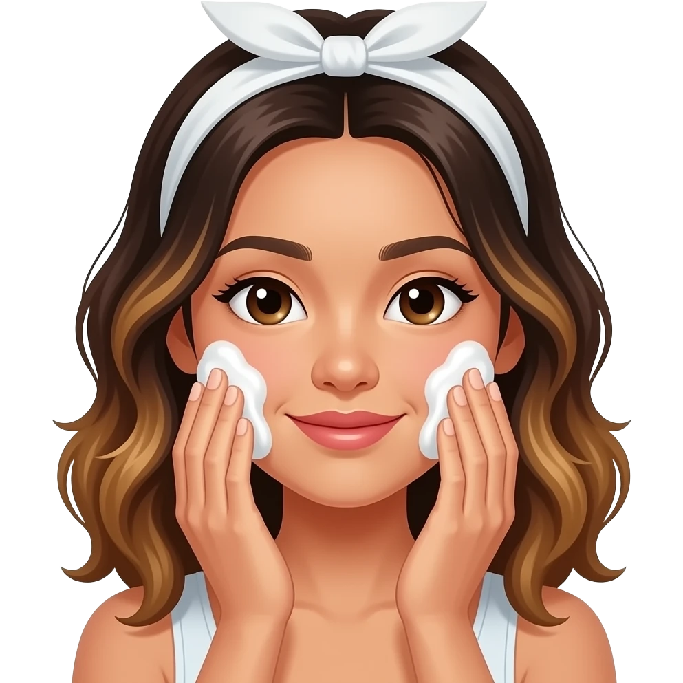 Beautiful Filipino girl with medium wavy hair balayage hair in a headband washing face skincare emoji