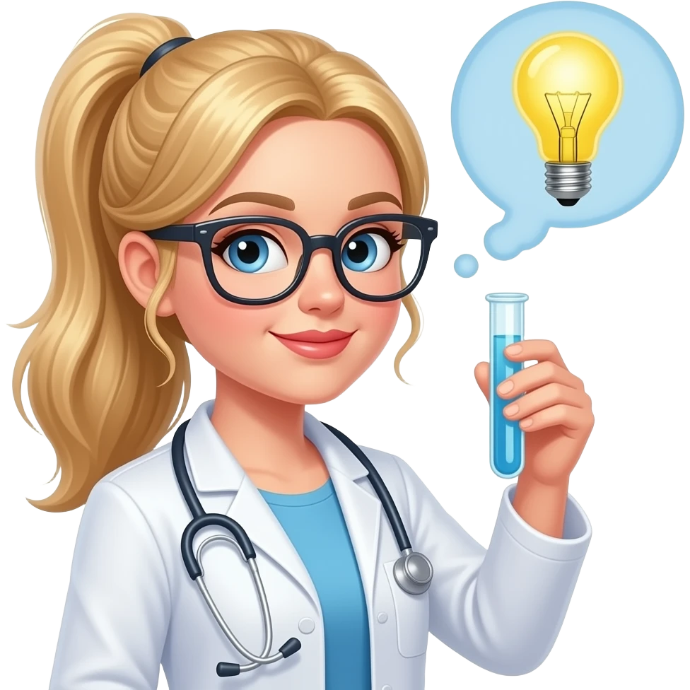 Sexy girl, blonde, side ponytail, blue eyes, slavic, glasses, lab cloth, test tube, experiment, idea bubble with lightbulb emoji
