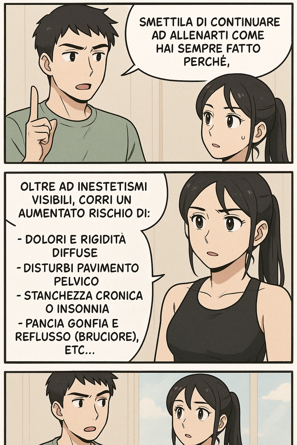 TRASFORMA QUESTO CAROSELLO IN UN FUMETTO STILE MANGA A COLORI CON QUESTE DUE PERSONE IDENTICHE CHE INTERLOQUISCONO TRA LORO:

LUI (UOMO): Smettila di continuare ad allenarti come hai sempre fatto perché, oltre ad inestetismi visibili, corri un aumentato rischio di:
    • dolori e rigidità diffuse
    • disturbi pavimento pelvico
    • stanchezza cronica o insonnia
    • pancia gonfia e reflusso (bruciore)
    • etc… emoji