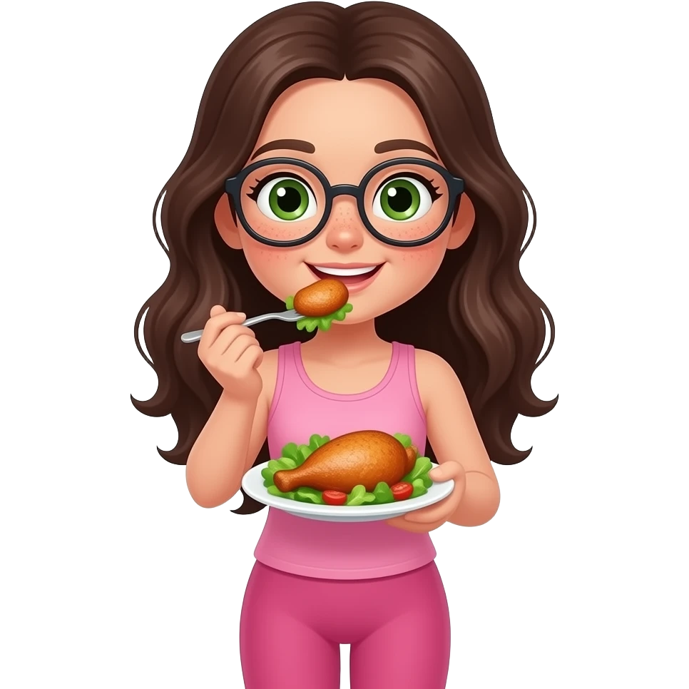 young girl in the style of iphone emoji people, fair skin, green eyes, glasses, freckles,long dark brown wavy hair, pink tank top and pink leggings, he eats chicken steak and salad and wears glasses emoji