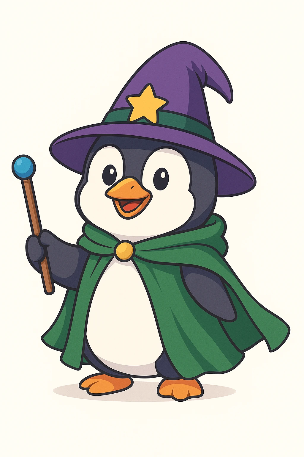 A penguin wizard with a pointy hat and a magic wand and a green cape emoji