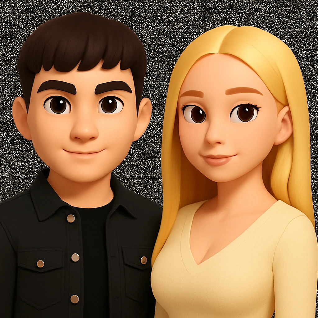 Slightly increase the volume of the upper body of the girl, separate the girl and the boy from each other, make the skin color the same for both characters, while preserving the cartoonish 3D style as shown in the reference image. emoji