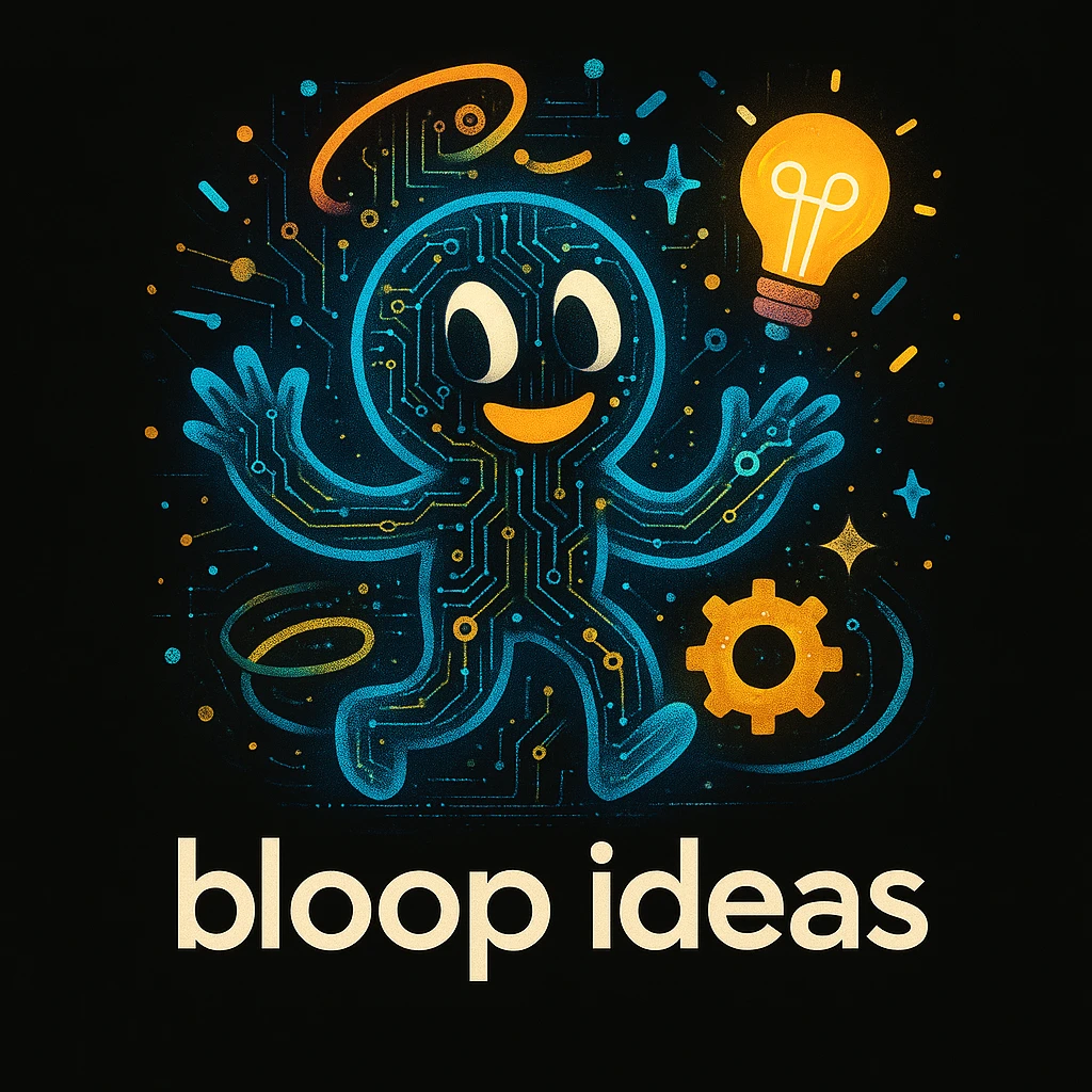 Add subtle tech details such as circuit patterns, digital dots, or glowing lines to the abstract mascot character. Maintain the playful, energetic, and imaginative vibe suitable for a black website background. Retain the bright, lively color palette and include the tagline 'bloop ideas'. emoji