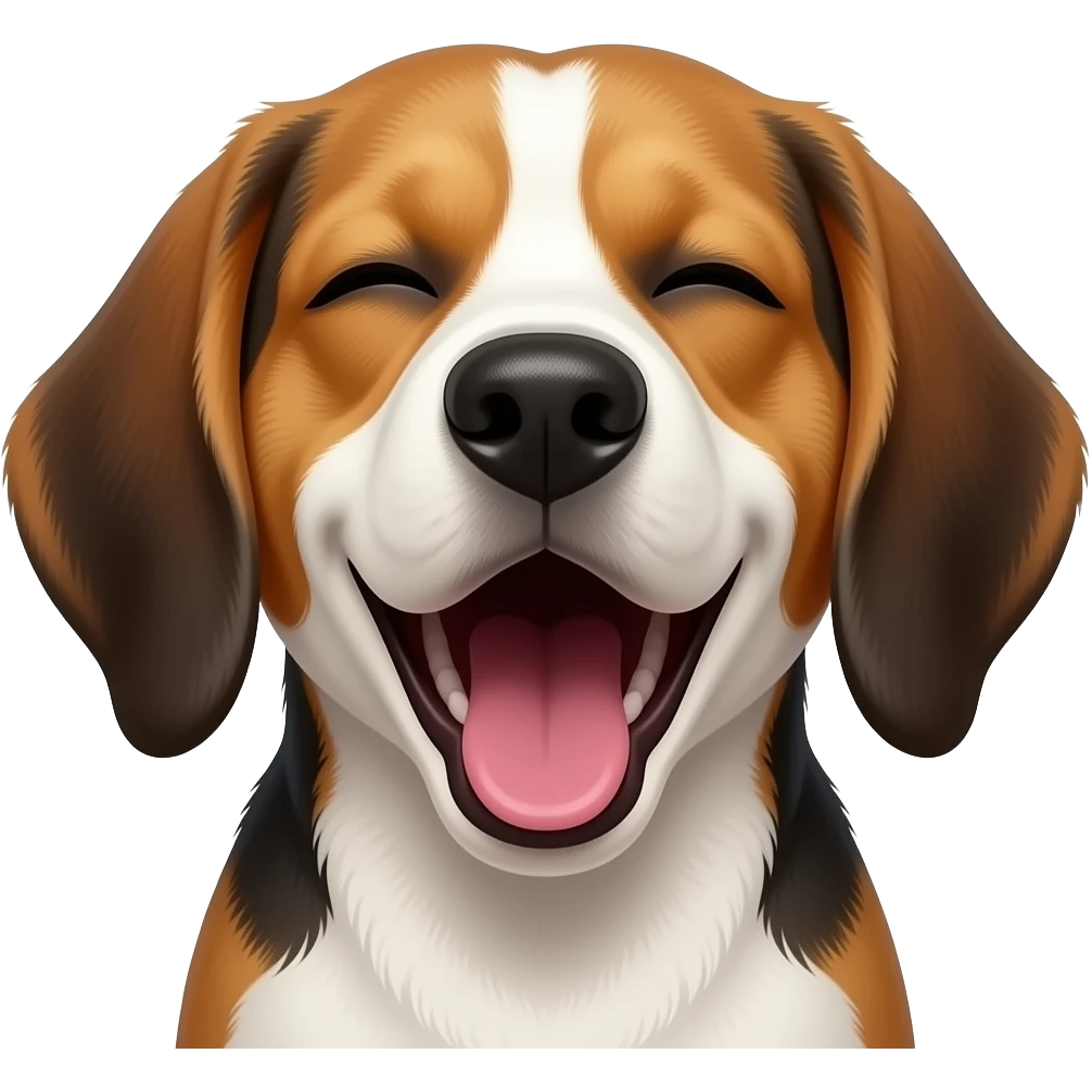 Cinematic Cute Yawning white-tan-Colored Beagle Portrait Emoji, Head tilted slightly with a dramatic, wide-open yawn, showcasing a soft tri-color coat of white, brown, and black, floppy ears slightly drooping, round hazel eyes barely open in drowsy contentment emoji