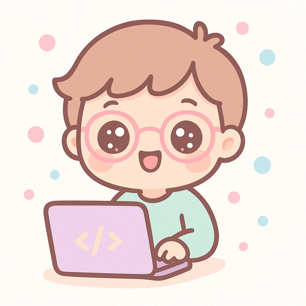 programmer, kawaii cartoon style, cute, big eyes, cheerful expression, coding on laptop emoji