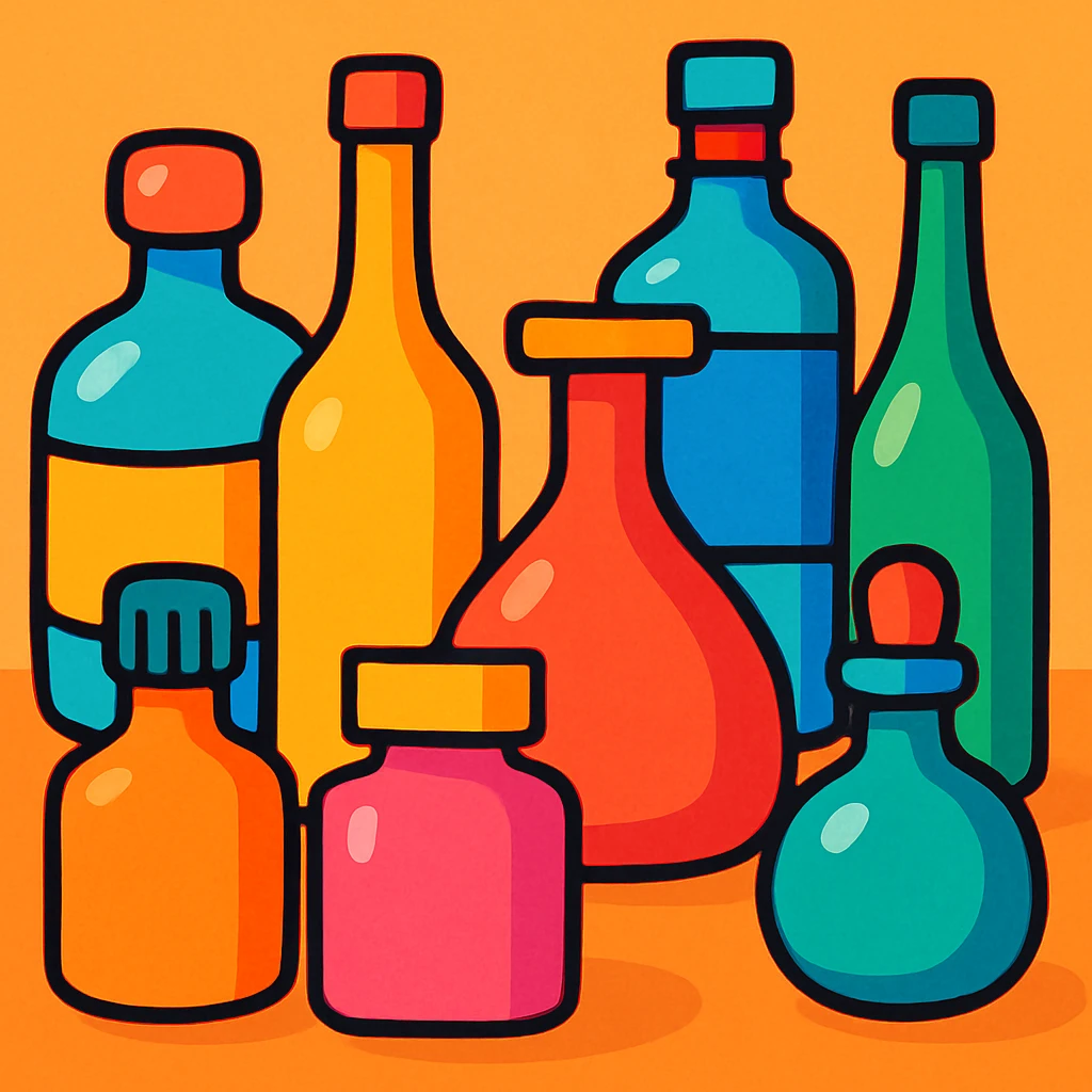 colorful cartoon style bottles, playful and bright emoji