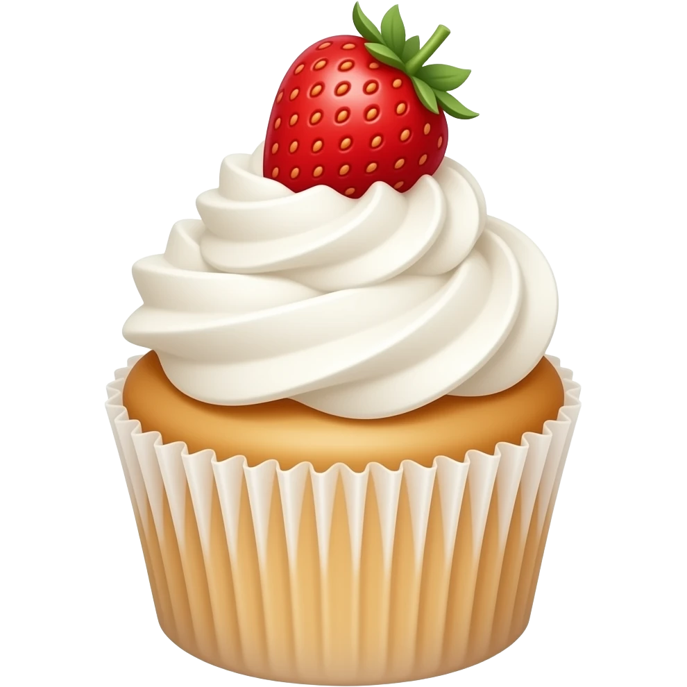Cupcake with white whipping cream, a strawberry on the top emoji