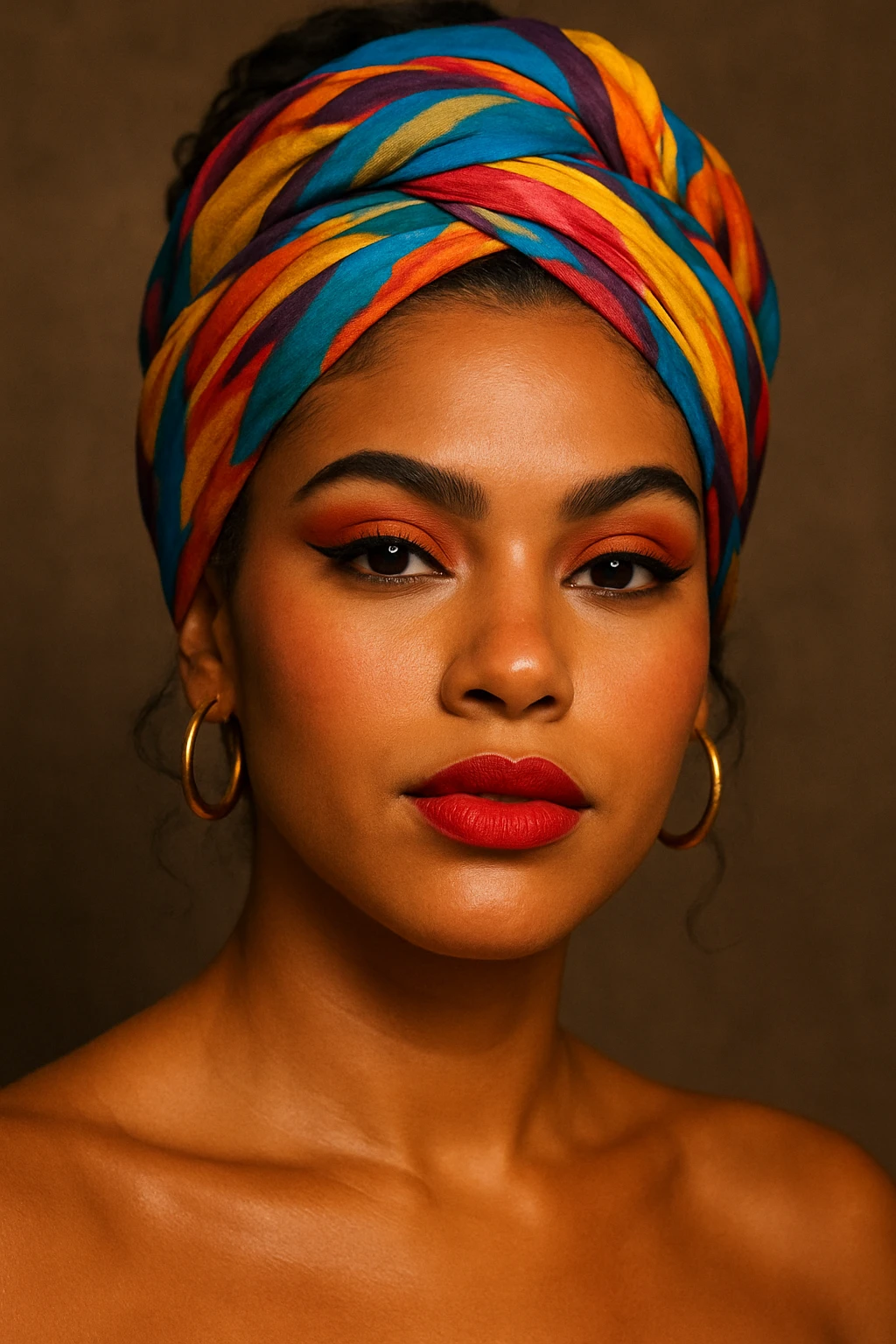 a tanned skin woman with a colorful headscarf and bold makeup, confident expression emoji
