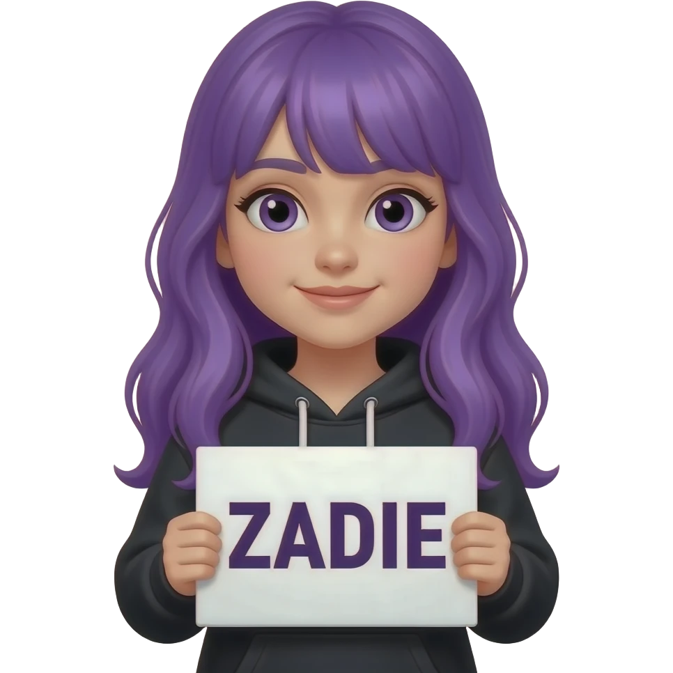 girl with long purple hair wearing a black hoodie holding a ZADIE sign emoji