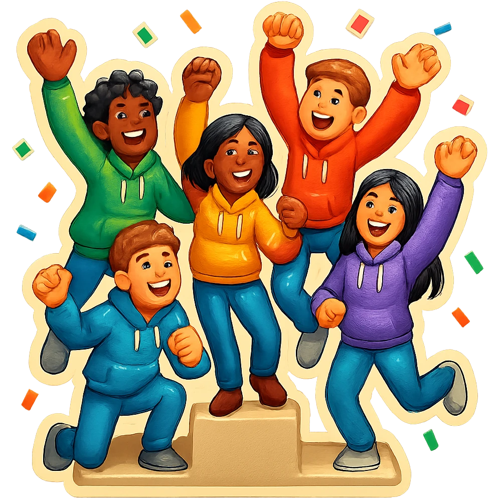 Change to a different pose and add confetti. Keep the group of five multi-racial people on a winners’ podium, no numbers, all in jeans and hoodies, excited, fun, expressive emoji style. emoji