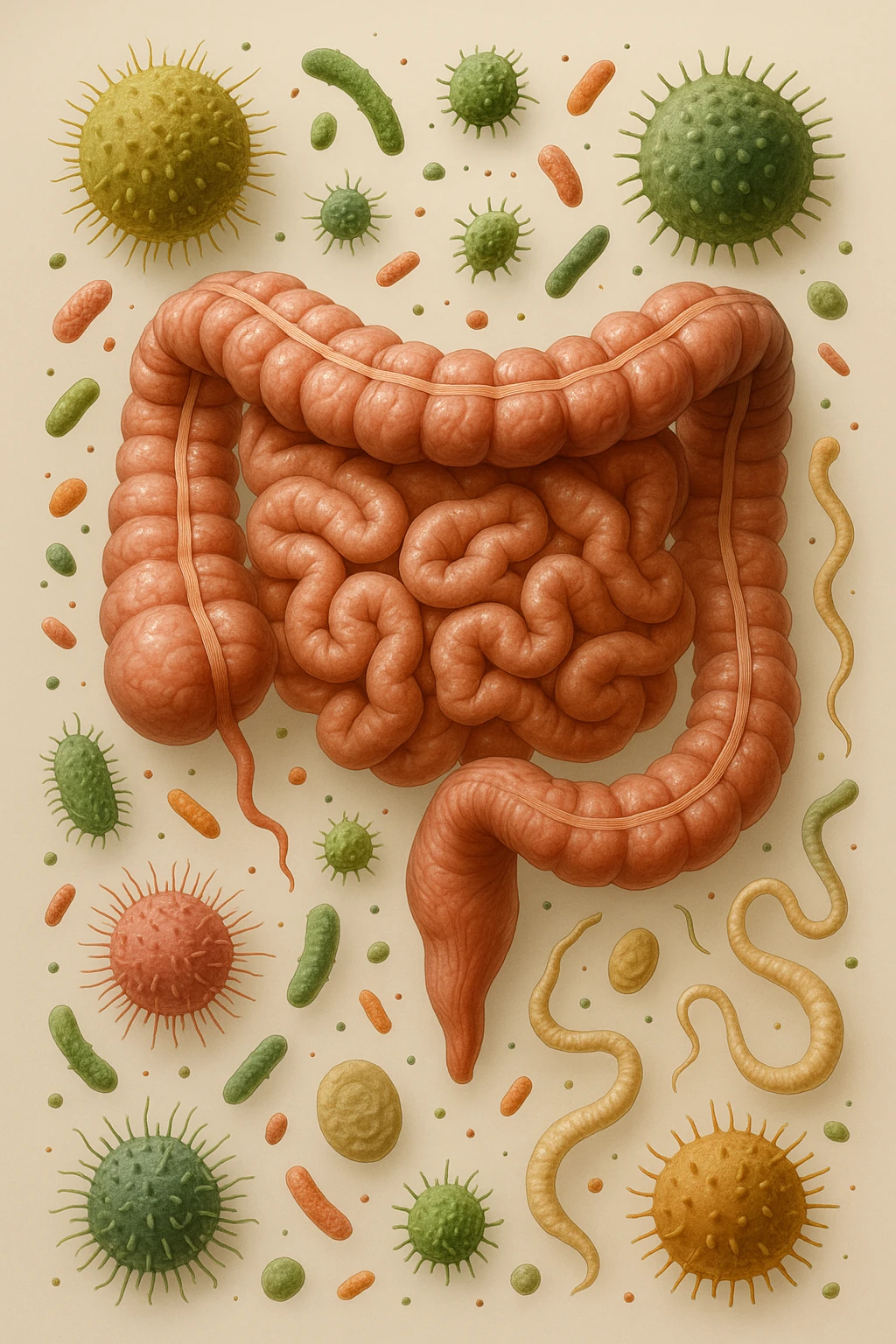 INTESTINO UMANO ANATOMICO CON BATTERI E PARASSITI INTORNO, SFONDO CHIARO NEUTRO, IPERREALISTICO 4K emoji