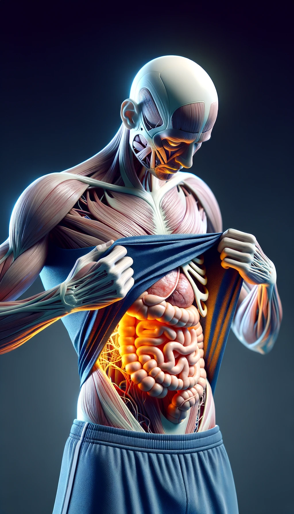 CORPO UMANO ANATOMICO CON INTESTINO UMANO ANATOMICO IN EVIDENZA CHE INDOSSA UNA MAGLIA SINTETICA, SI AFFERRA LA MAGLIA PER OSSERVARLA MEGLIO CON ESPRESSIONE DUBBIOSA IN VOLTO, iperrealistico 4k emoji