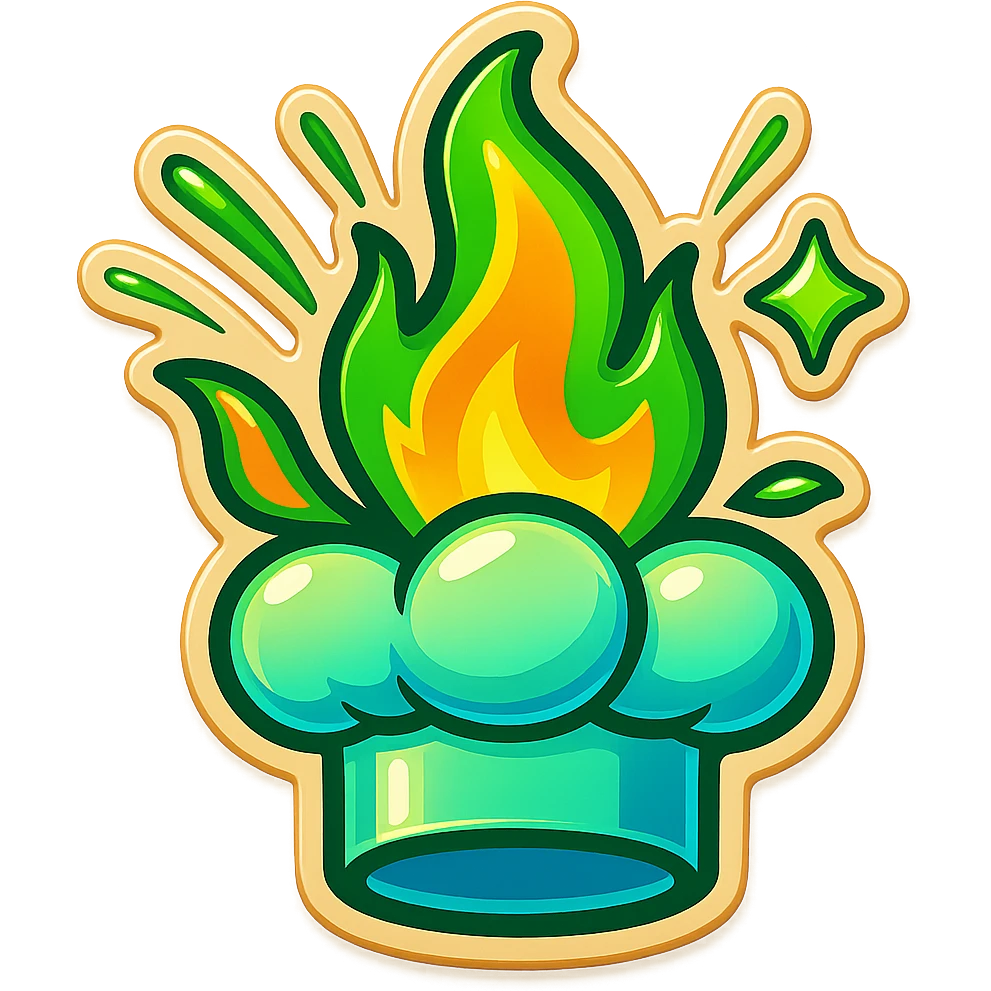 chef's hat explode with trails of fires, emoji, playful, magic flame green gradient, vibrant, flame matching style reference file emoji