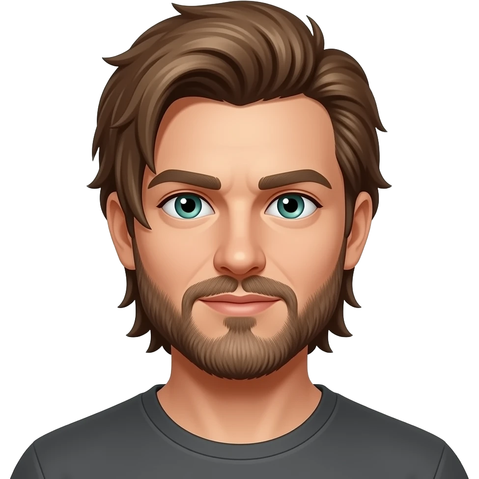 Mullet with side flares, wide shoulders. hazel blue green eyes, some grays with mostly hazel hair, 5 o’clock shade beard emoji