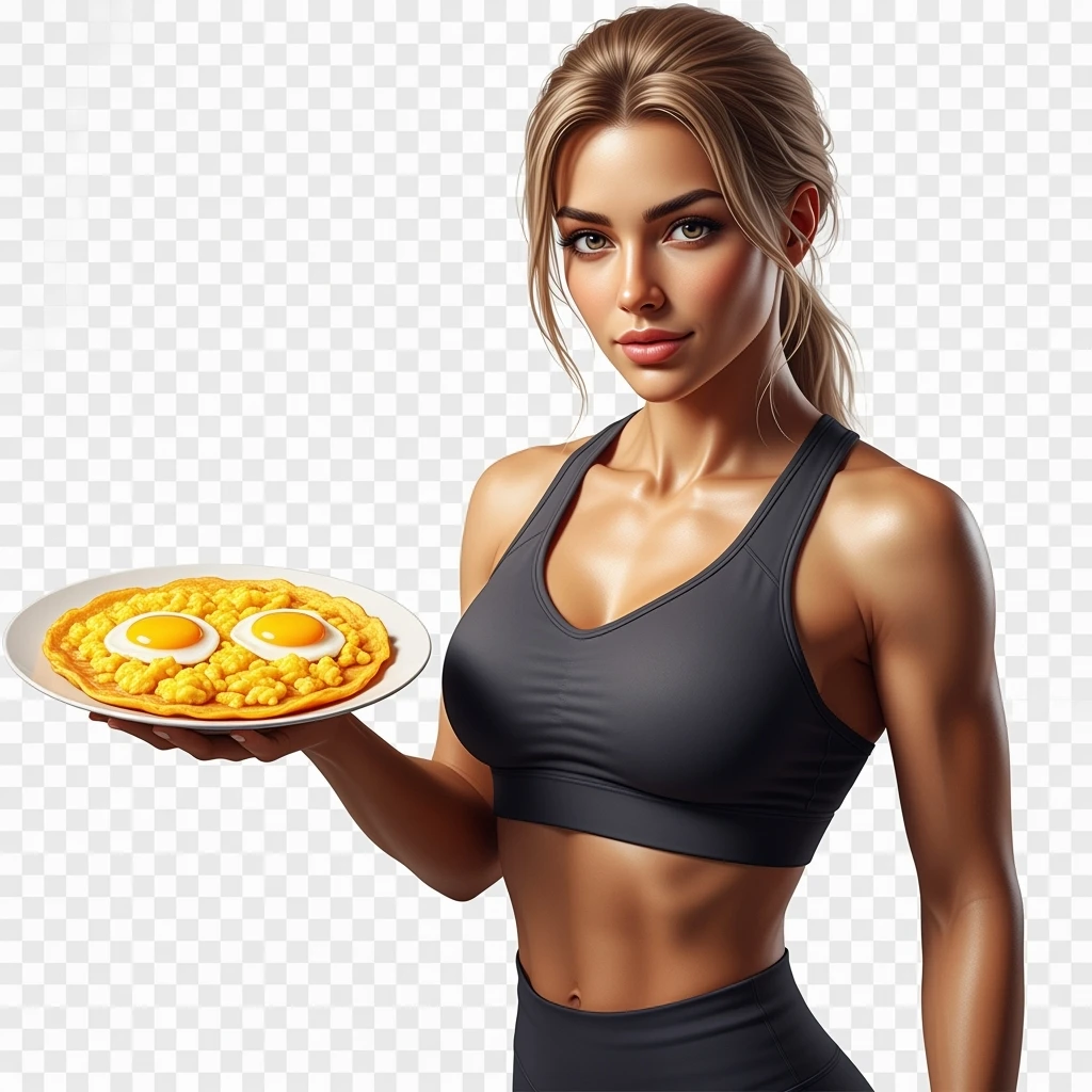 DONNA FITNESS CHE HA IN MANO UN PIATTO DI UOVA STRAPAZZATE, IPERREALISTICA 4K, SENZA SFONDO emoji