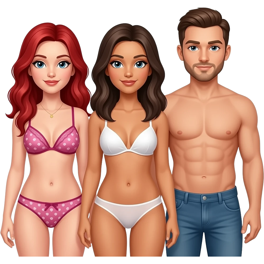 Sexy threesome. 2 women one male. 1 redhead women, 1 brunette women. Man to have brunette hair with short facial hair. Women in thong lingerie emoji