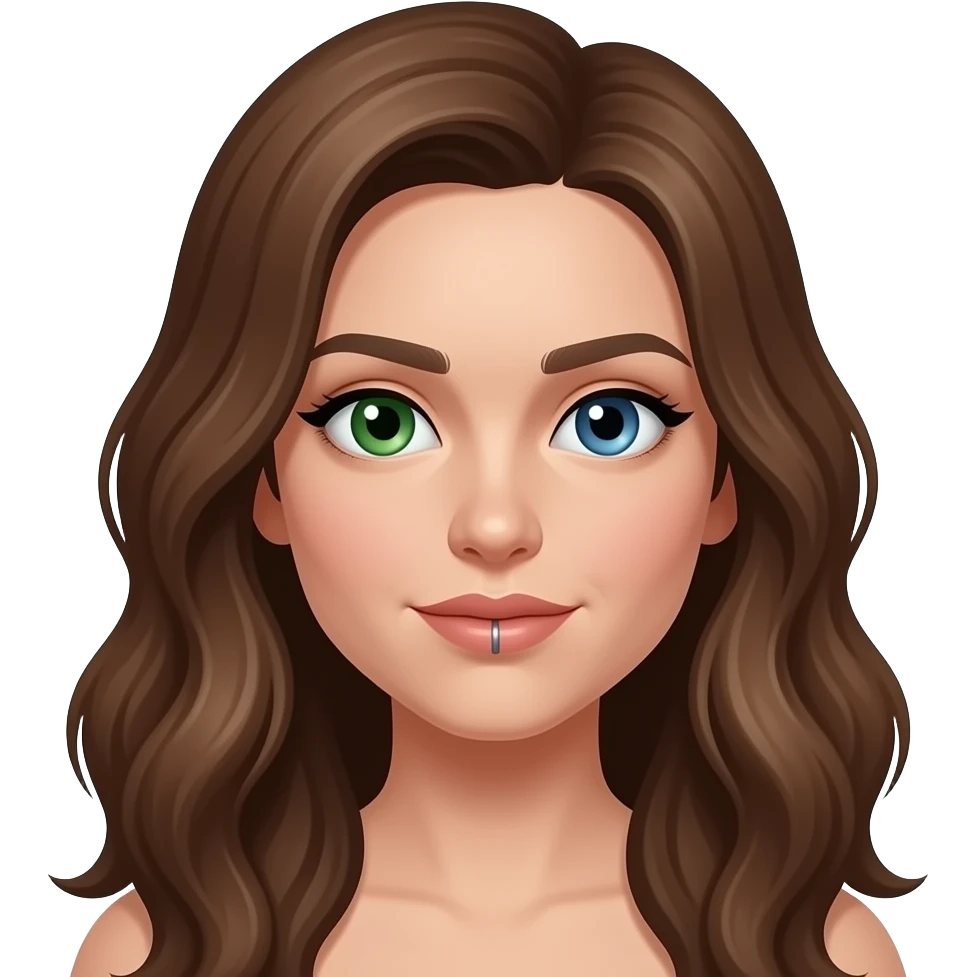 white long wavy haired brunette woman with one green eye one blue eye tattoos a philtrum piercing and a thin streak of grey hair emoji