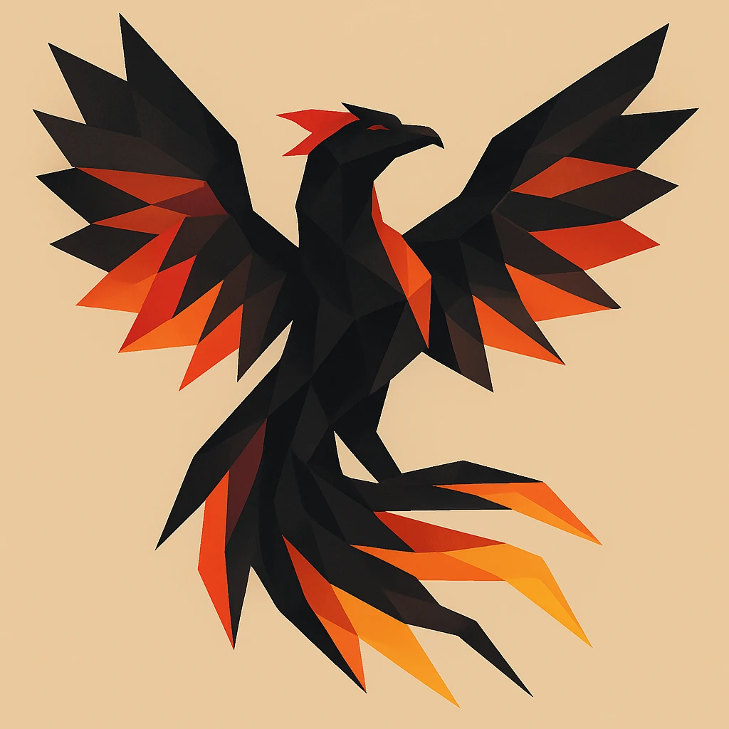 Transform this polygonal phoenix into a dark phoenix: make the bird's body black, with shining, vivid flames in orange, red, and yellow. Keep the background as is. emoji