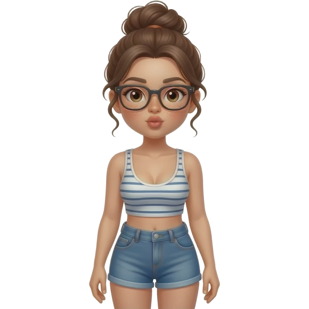 A brown eyed woman with brown messy bun and black frame glasses and freckles on her face with big boobs popping out the top of her tank top and the tank top is a crop top also with Shorty blue jean shorts and blowing a kiss emoji